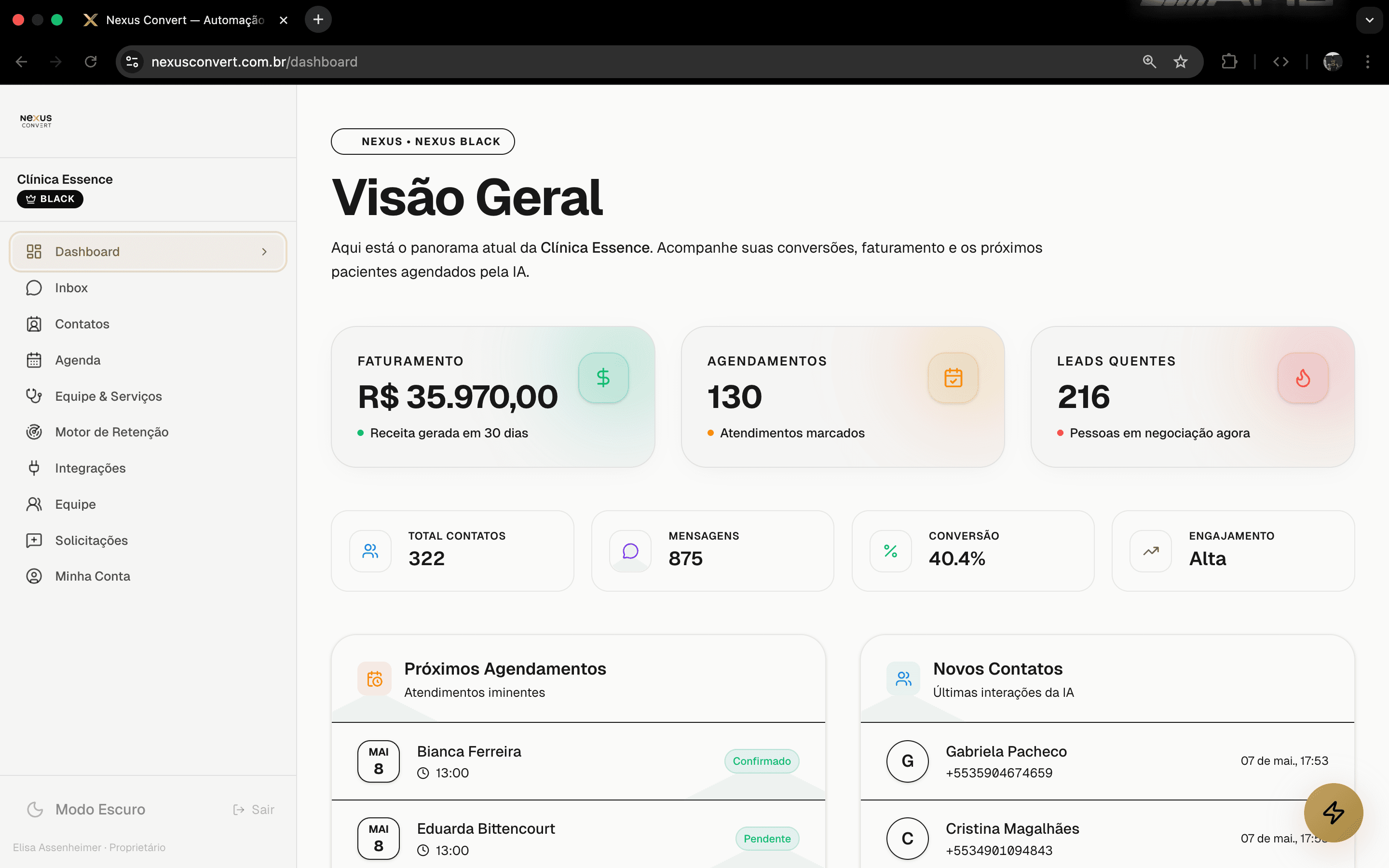 Dashboard da Nexus Convert mostrando faturamento, agendamentos e leads quentes em tempo real